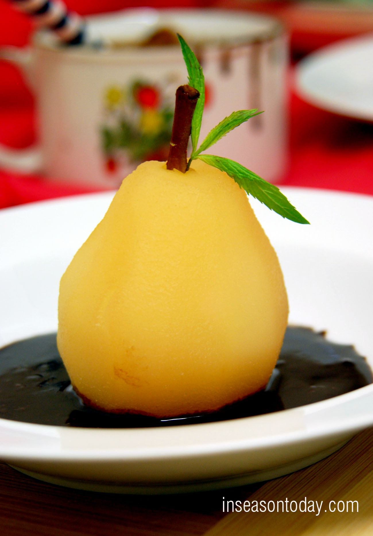 moscato poached pear with chocolate sauce 1