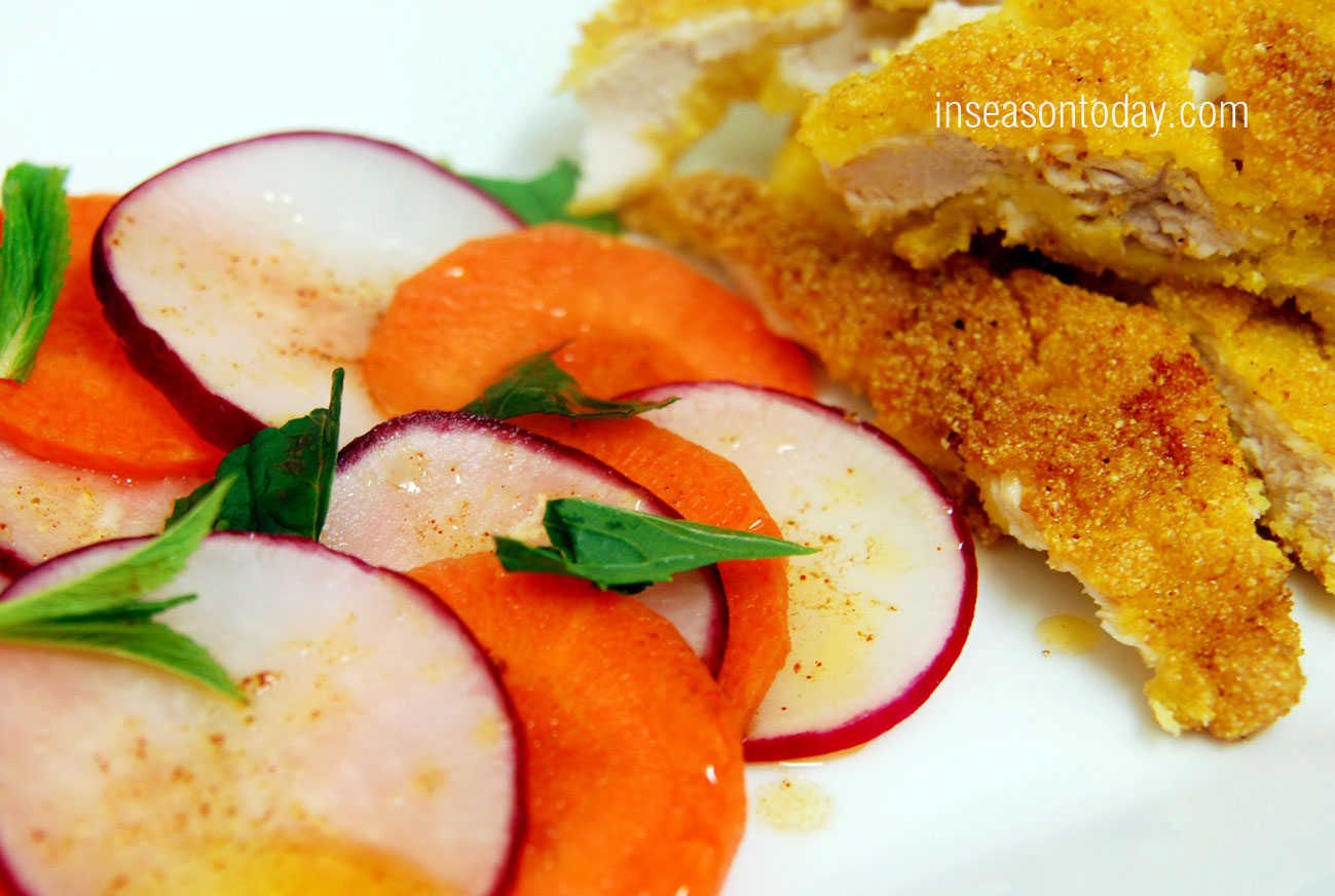 polenta crumbed schnitzel with red radish and carrots salad 3